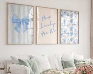 How Lucky Are We Print, Blue Floral Bow Wall Art Set of 3, Trendy Dorm College Apartment Decor, Aesthetic Coastal Chinoiserie Prints