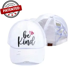 C.C Criss-Cross Distressed Embroidered Be Kind Pony Cap for Women