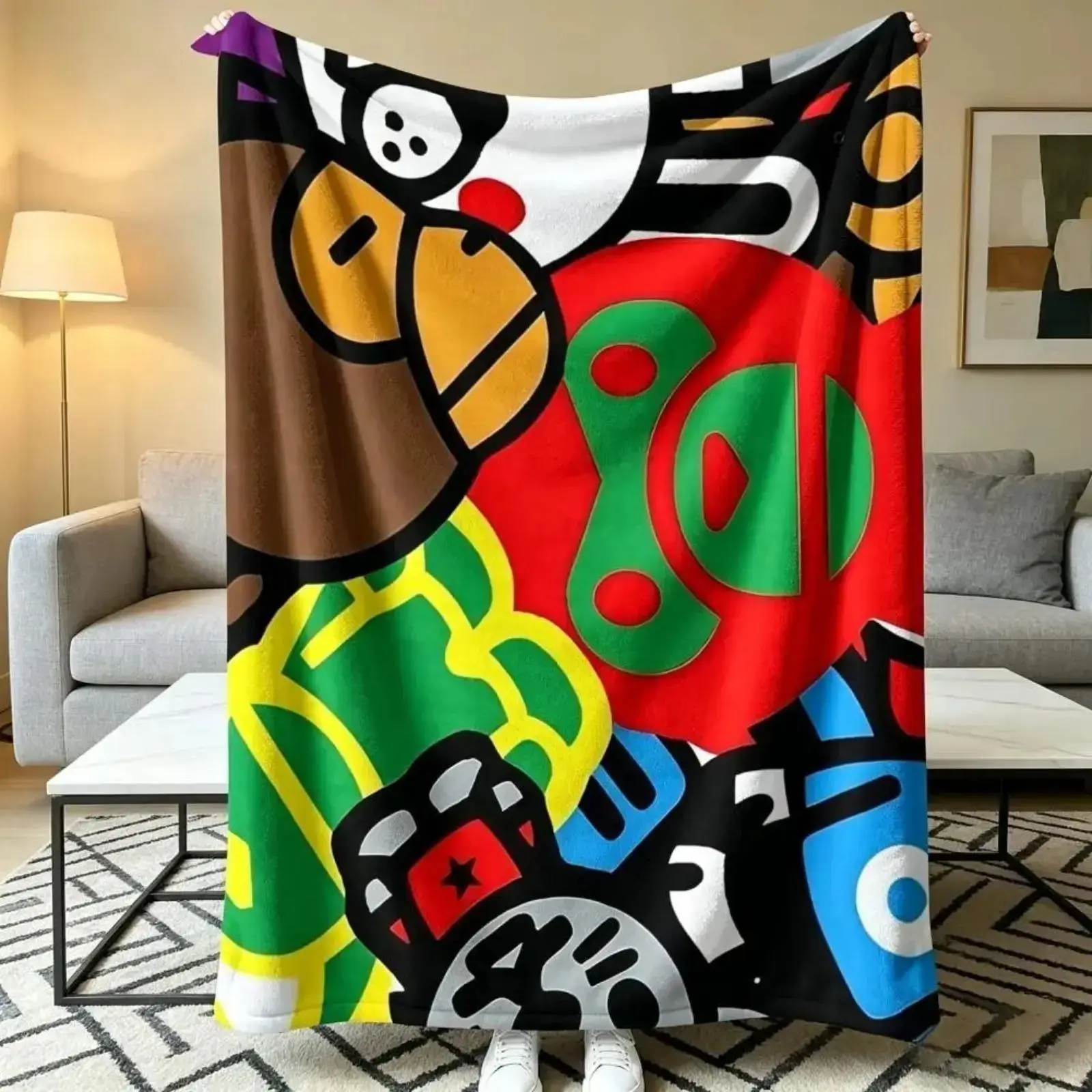 Colorful Patchwork Streetwear Art Flannel Throw Blanket, Modern Graffiti Inspired Print, Soft Cozy Lightweight Plush Blanket for Sofa Bed Camping Office Nap, Trendy Home Decor Gift for Teens & Gamer