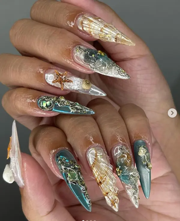 Ocean Gold Shell Press On Nails, Teal Mermaid Stiletto Nails with Starfish Pearl Charms, Luxury Beach Nail Art Set