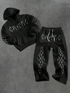 Men's Letter Print Hoodie Set with Drawstring Hooded Sweatshirt and Pants, Casual Comfortable for Outdoor Relaxing