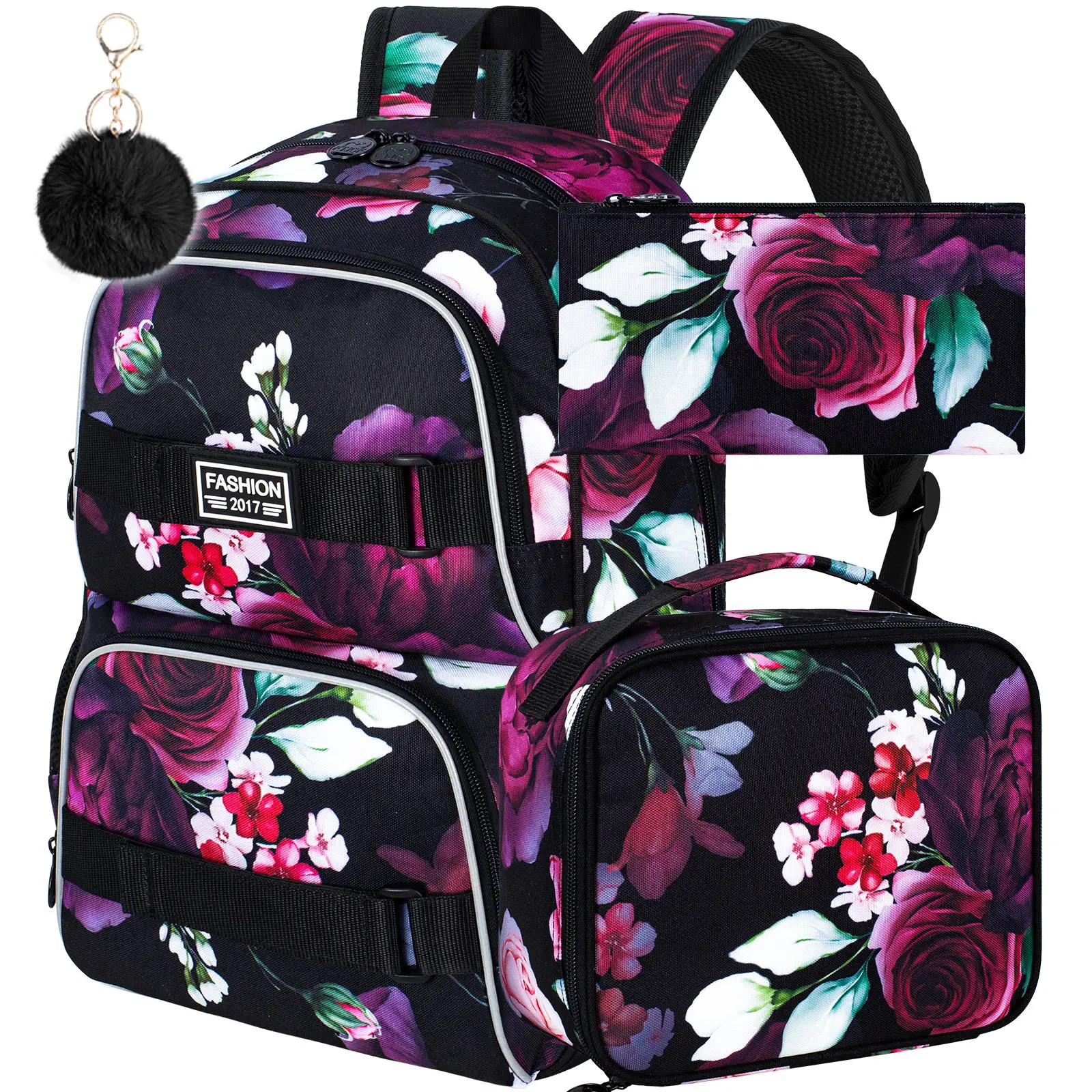 17 Inches Backpack for Girls Women, 3Pcs Rose Laptop Backpacks with Lunch Bag, Water Resistant College School Bookbag Set for Teens Students(Black)