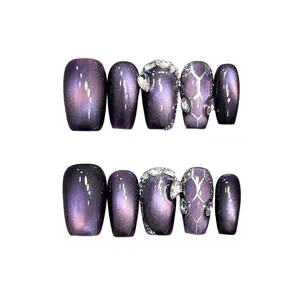 Glam Purple Iridescent Medium Square Press On Nails With Crystal And Web-Like Decorations, Handmade Reusable Acrylic Fake Nails For Luxe Style