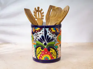 Utensil Holder Crock Kitchen Decor Mexican Handmade Ceramic Handpainted Organization Spoon Rest Flower Vase Planter Pot Multi-Color