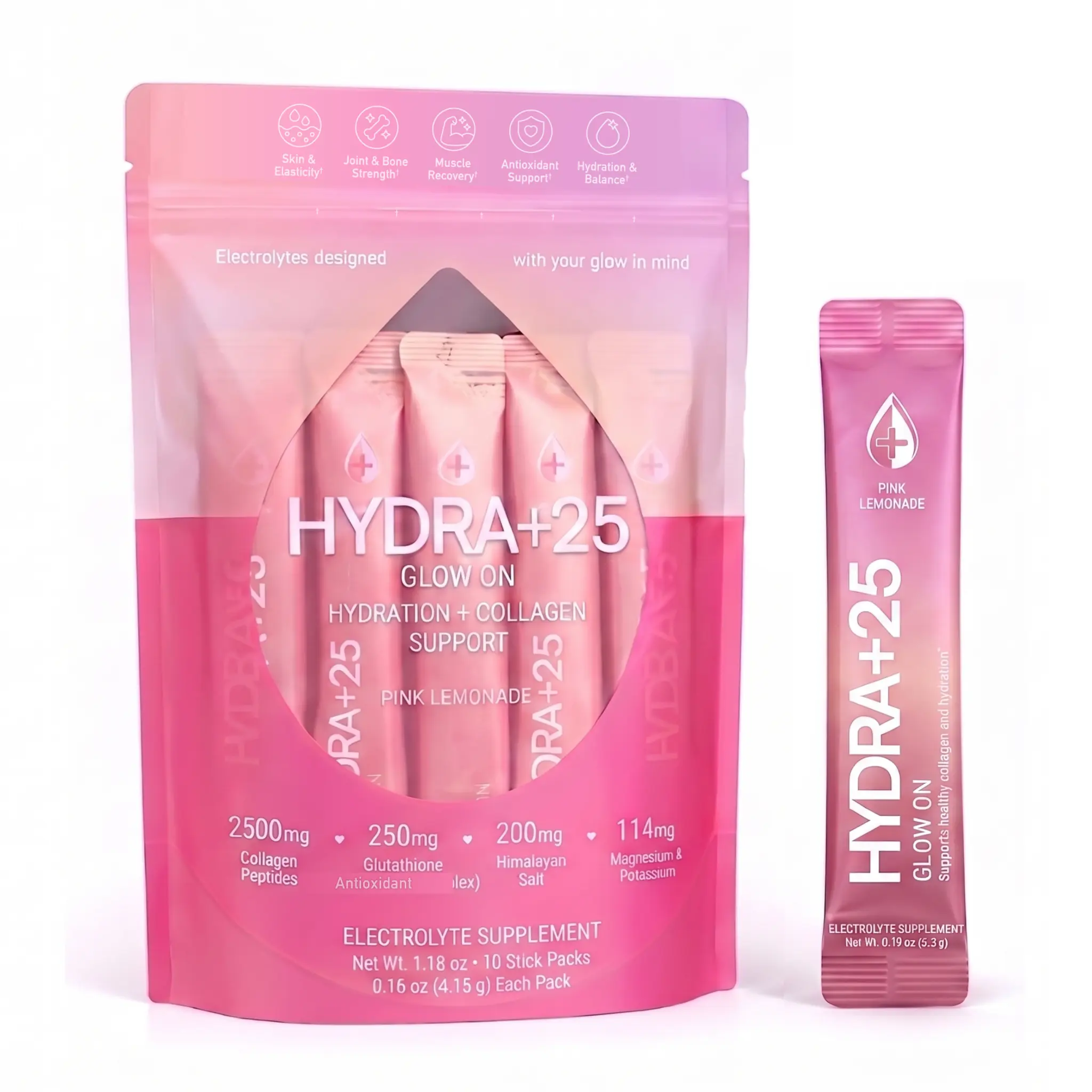 Hydra+25 Sugar Free Pink Lemonade Hydration Drink Mix Packets with Collagen Peptides and Electrolytes