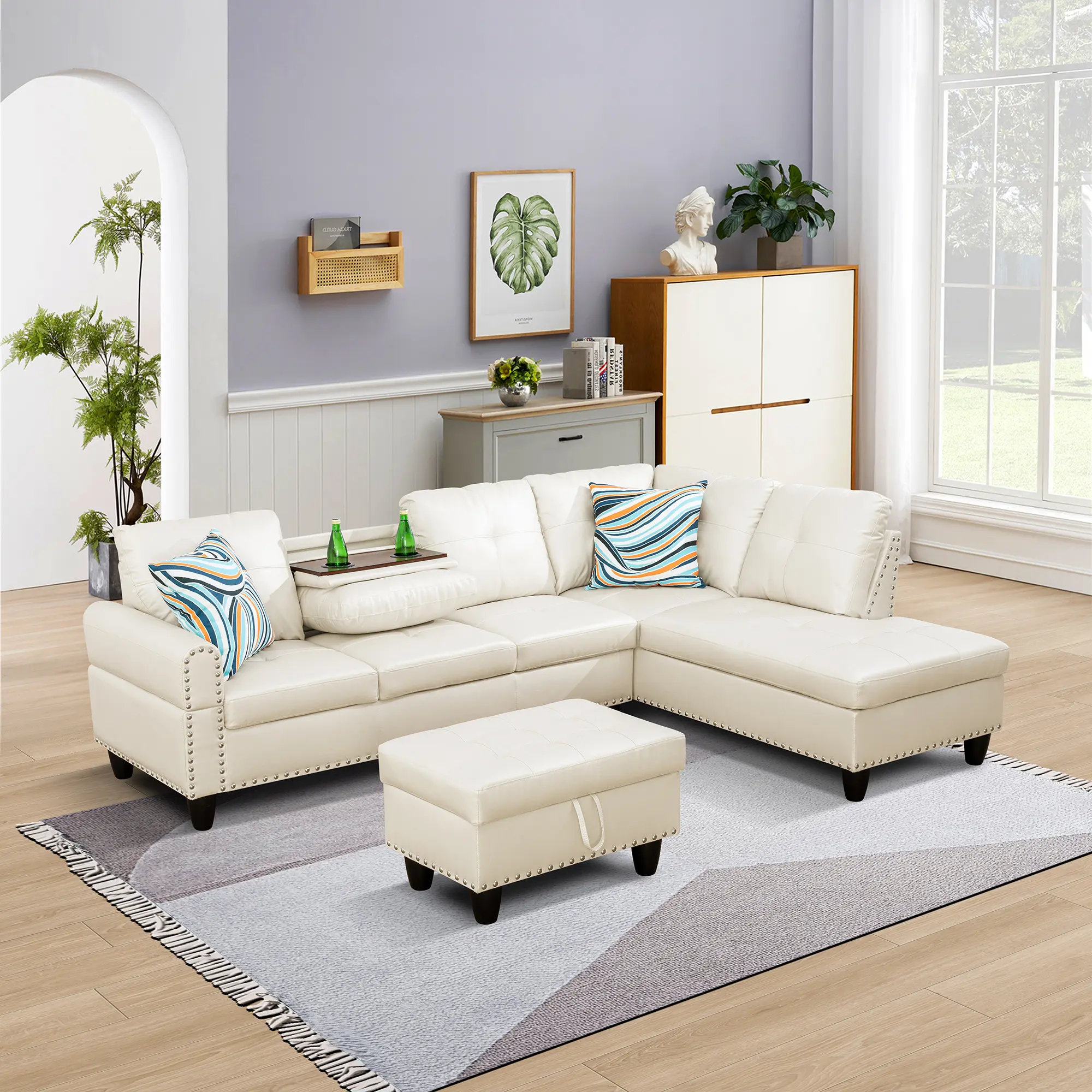 3-Pieces Modern Modular Sofa Sectional Couch, White Faux Leather L-Shaped Convertible Comfy Living Room Sofa with Hidden Storage Ottoman for Storage Organization (Shipped in 3 Packages)