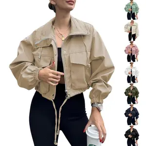 Women's Cropped Jacket  Up Lightweight Oversized Utility Coat with Pockets for Spring and Fall Wear Adjustable Drawstring Snap Button perxTWd