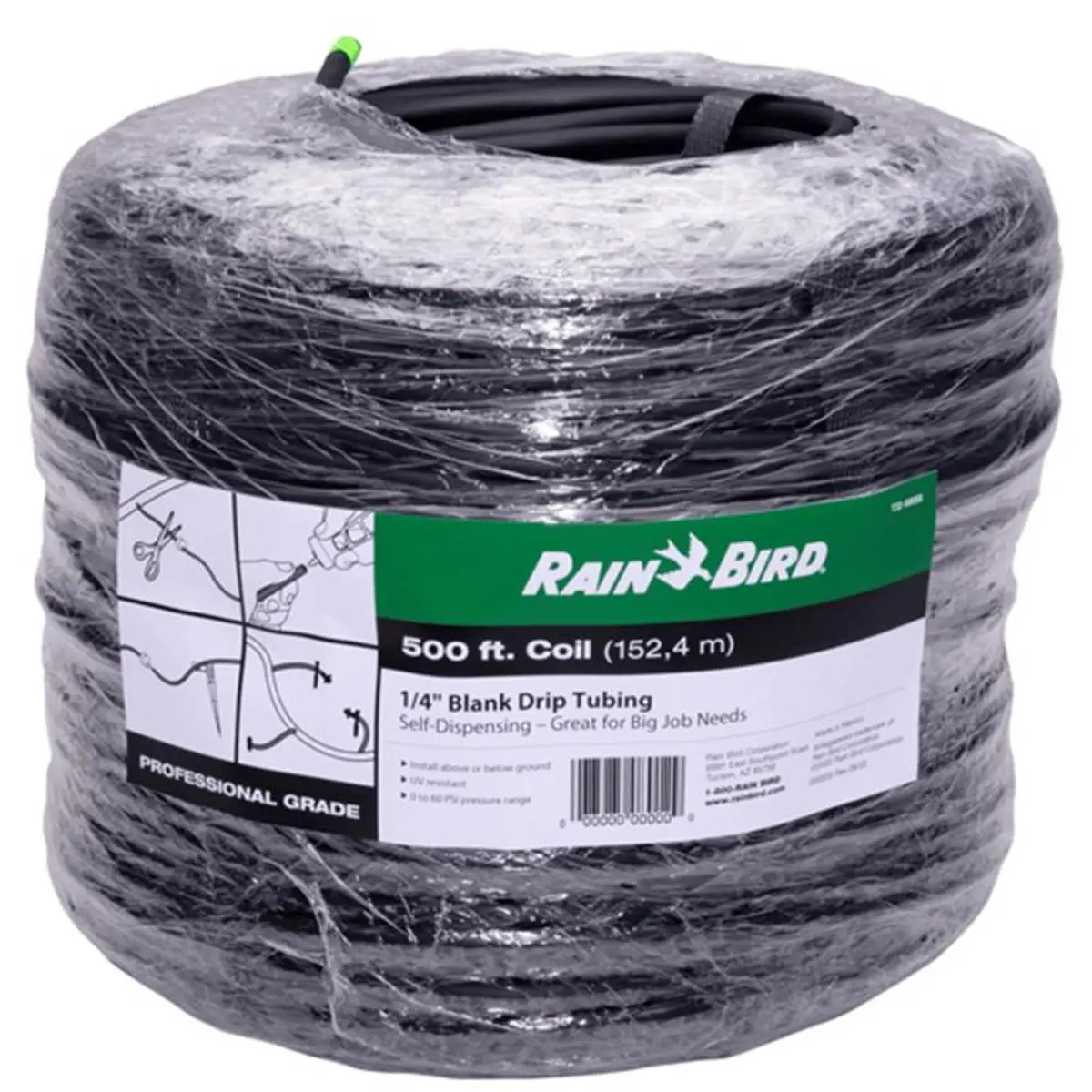 Rain Bird 7043229 1/4 in. x 500 ft. Polyethylene Drip Irrigation Tubing, 60 psi Coil Pack for Outdoor Home Improvement & Garden Watering, Cut To Needed Lengths