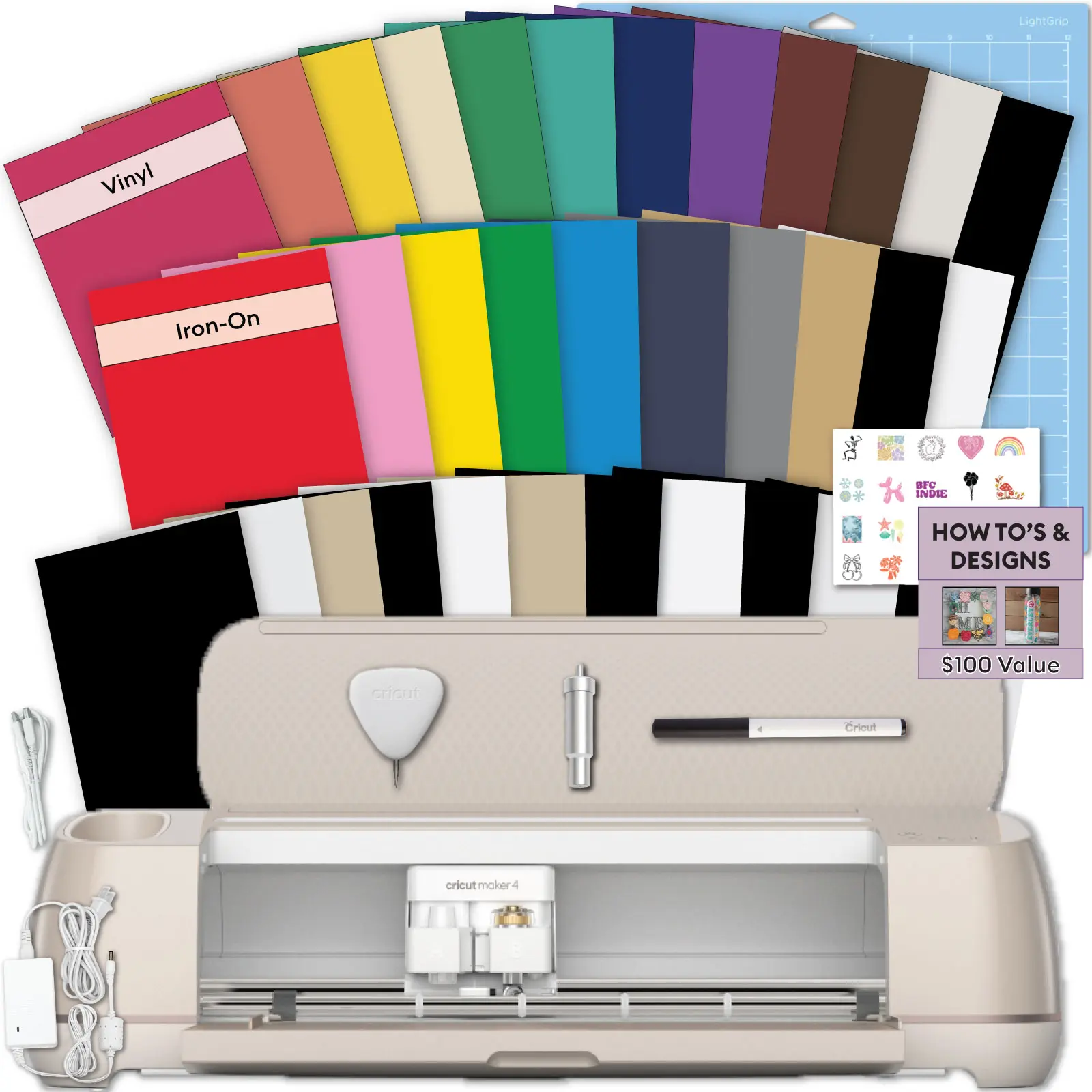 Cricut Maker 4 Machine with Vinyl and Iron-On Bundle - Beginner Friendly Craft Cutting Machine Set with Essential Materials, HTV and Adhesive Vinyl Variety Pack- DIY Decor Projects, Apparel and Decals