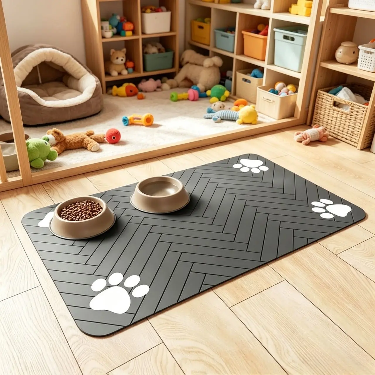 Quick Drying Absorbent Pet Feeding Mat for Dogs and Cats, Non-Slip Rubber Bottom, Dark Polyester Surface for Indoor Use