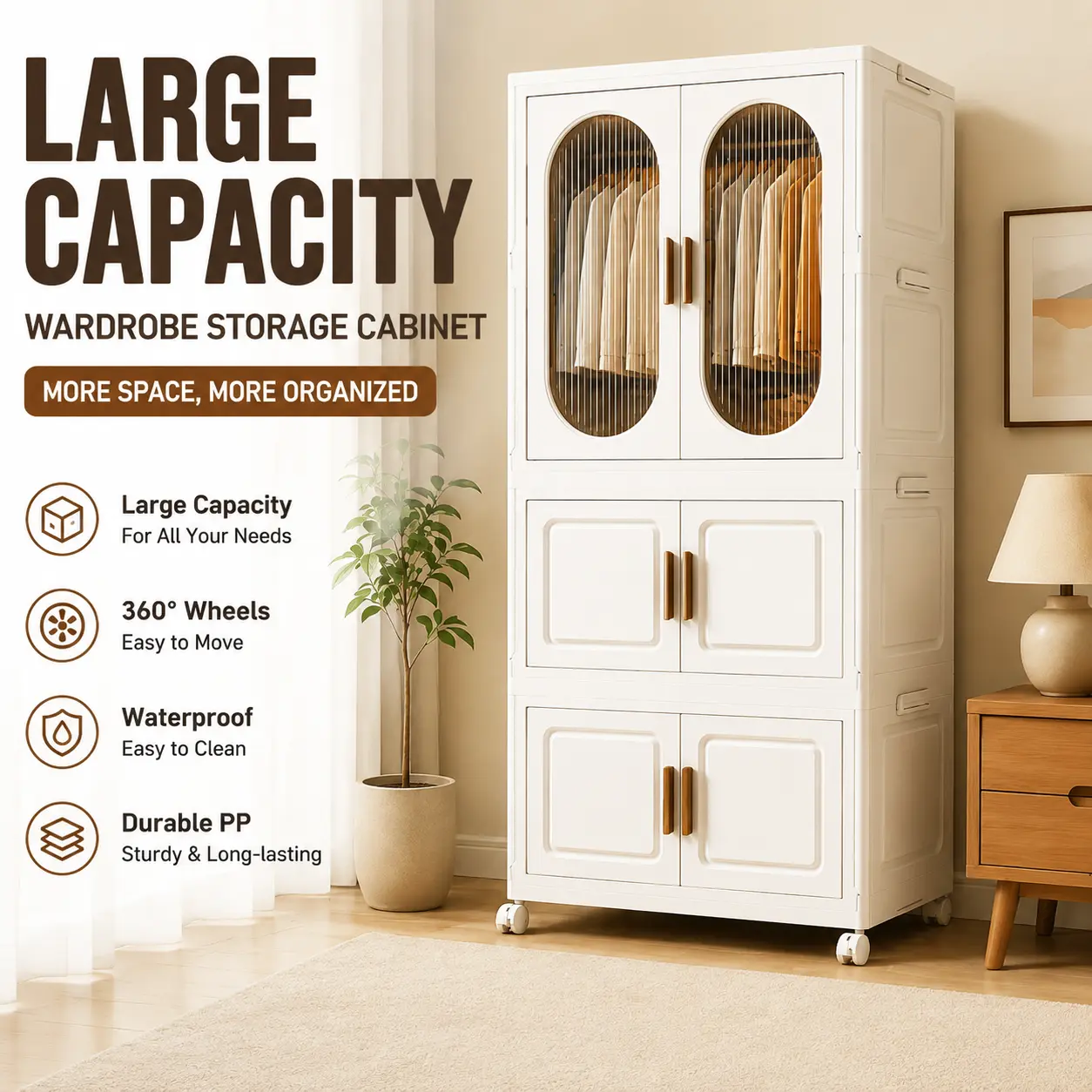 Foldable Wardrobe Storage Cabinet, Large Capacity Rolling Storage Organizer with Wheels, Waterproof PP Bedroom Clothes Organizer, Portable Closet Storage Unit for Apartment Living USA, Space Saving Furniture organization dorm