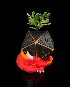 3D Printed D20 Dice Planter with Sleeping Dragon - Desktop Decor Garden Pot, Gamer Gift for Desk