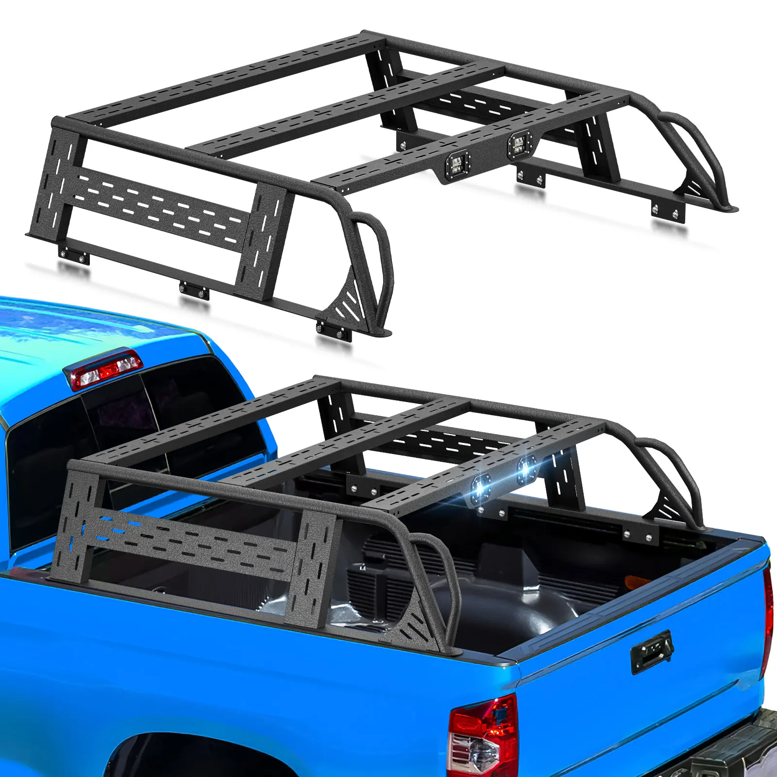 【EYOUHZ】13.8" High Overland Bed Rack Truck Cargo Carrier with 2 LED Light Bar, Bed Rails, Rear Cross Bars, Compatible with 2014-2021 Toyota Tundra Full-Size Truck Rear Racks & Accessories, Led Light Bar Rear Racks & Accessories