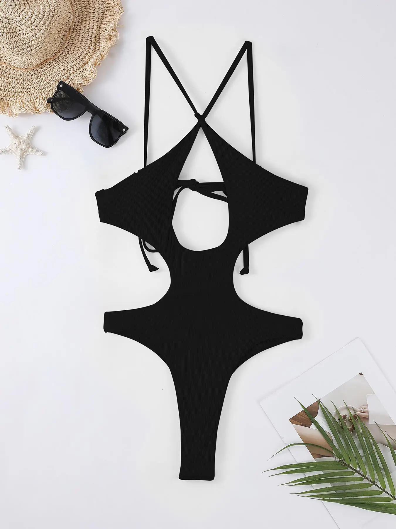 Women's Plain Criss Cross Cut Out Backless One-piece Swimsuit, Solid Spaghetti Strap Tie Back Swimwear, Bathing Suits 2024 for Women, Sexy Summer Swim