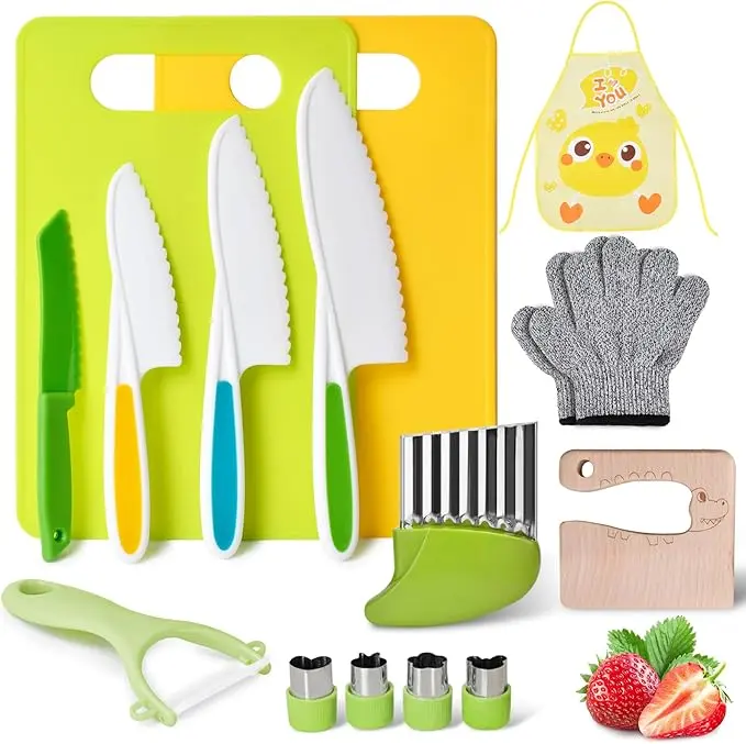 Montessori Kitchen Toys for Toddlers 15PCS Kids Cooking Set with Safe Wooden Knives & Cutting Tools Pretend Play Kitchen Accessories Real Cooking Kit for Boys & Girls Birthday Christmas Easter Gift