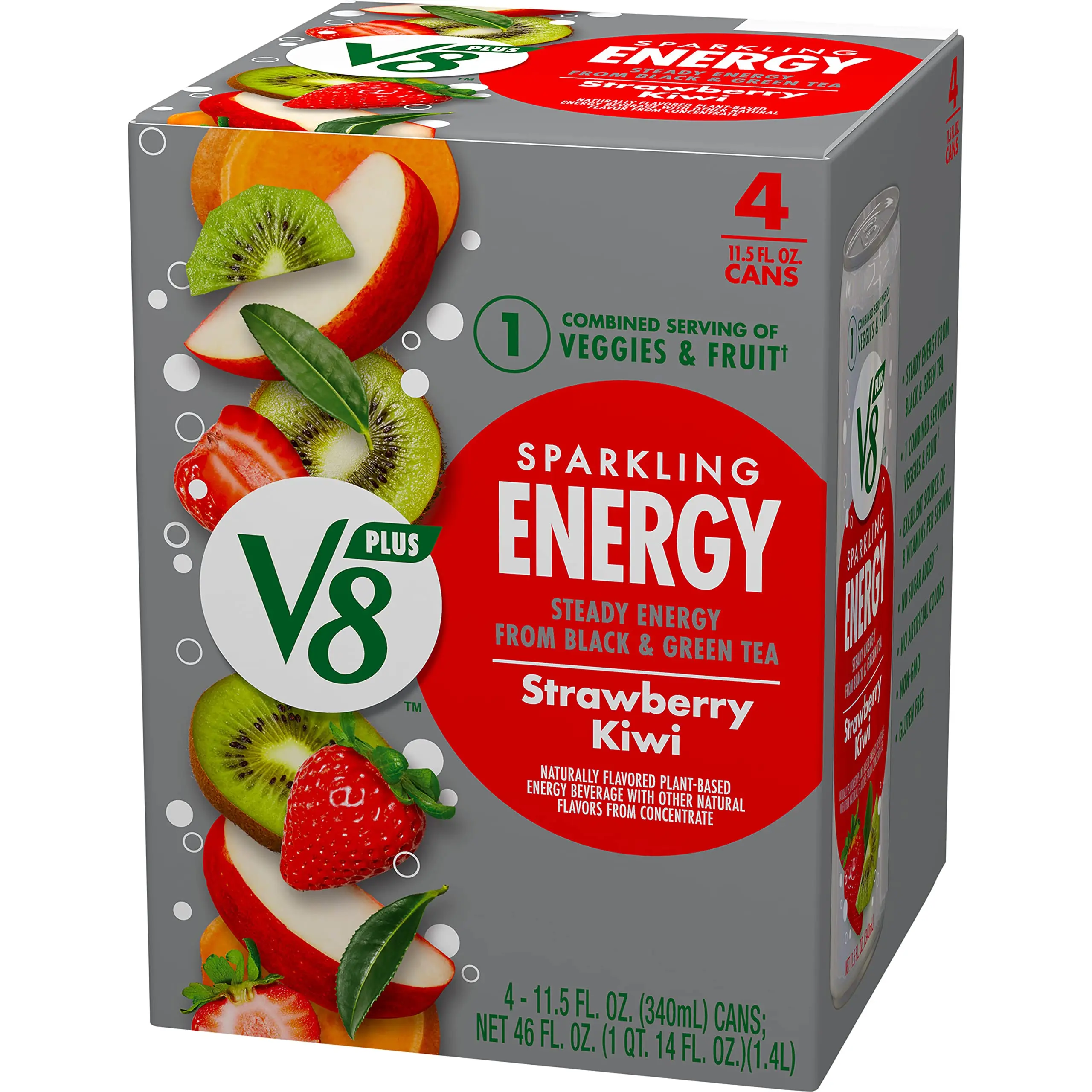 V8 SPARKLING +ENERGY Strawberry Kiwi Energy Drink, 11.5 fl oz Can (Pack of 4)