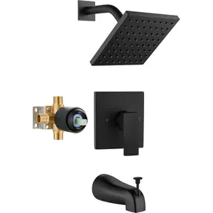 Bathtub Shower Faucet Set, 6 Inch Square Trim Kit with Single Handle, Showerhead & Handle Set, Male Thread, with Tub Spout,Matte Black