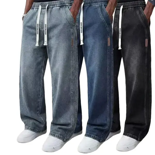 3-pack men’s jeans — retro wash, straight cut, drawstring design for easy wear/removal; versatile casual style; regular-season everyday loose athletic pants