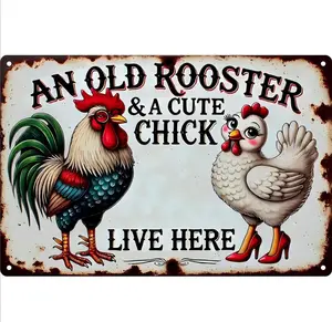 Vintage Chicken Coop Metal Signs - An Old Rooster & A Cute Chick Live Here Chicken Tin Sign, Funny Metal Signs Accessories Outdoor Home Wall Decor 8x12 inch