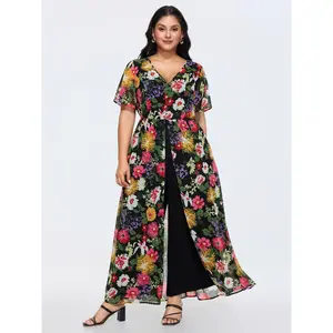 BloomChic Women's Plus Size Timeless Floral Print Jumpsuit, Short Sleeve Polyester Overalls with Hidden Pockets