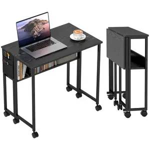 HOMCOM Small Folding Desk, 31.5" Foldable Computer Desk with Storage Bag and Shelf, Space Saving Portable Writing Table on Wheels for Small Spaces, Home Office, Study, Easy Assembly, Black