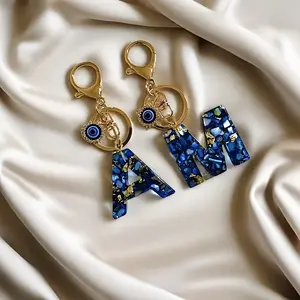 [Evil Eye Keychain] 1pc Blue Evil Eye Resin Keychain with Lobster Clasp | Rectangular Alphabet Initial Charm, Fashion Accessory for Women - Ramadan Gift Item, Decorative Keychain with Detailed Craftsmanship carabiner men's accessories anime accessories