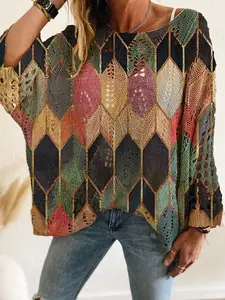 Women's Casual Knit Top, Long Sleeve V Neck Hollow Out Design, Loose Fit Batwing Sleeves, Spring Summer Fashion, Ladies' Daily Wear, Knitwear