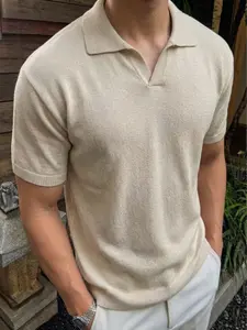 Unisex Casual Short Sleeve Knit Sweater Polo V Neck Pullover for Spring and Summer, Fitted Colorblock Style for All Occasions