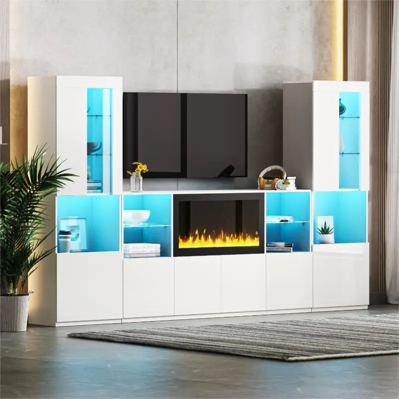 [SOIYELIFE] Smart Media Console with Energy-Efficient Electric Fireplace & Adjustable LED Lighting, Reinforced Glass Shelves Multi-Functional Storage for Living Room (2025 Viral Space-Saving Design)