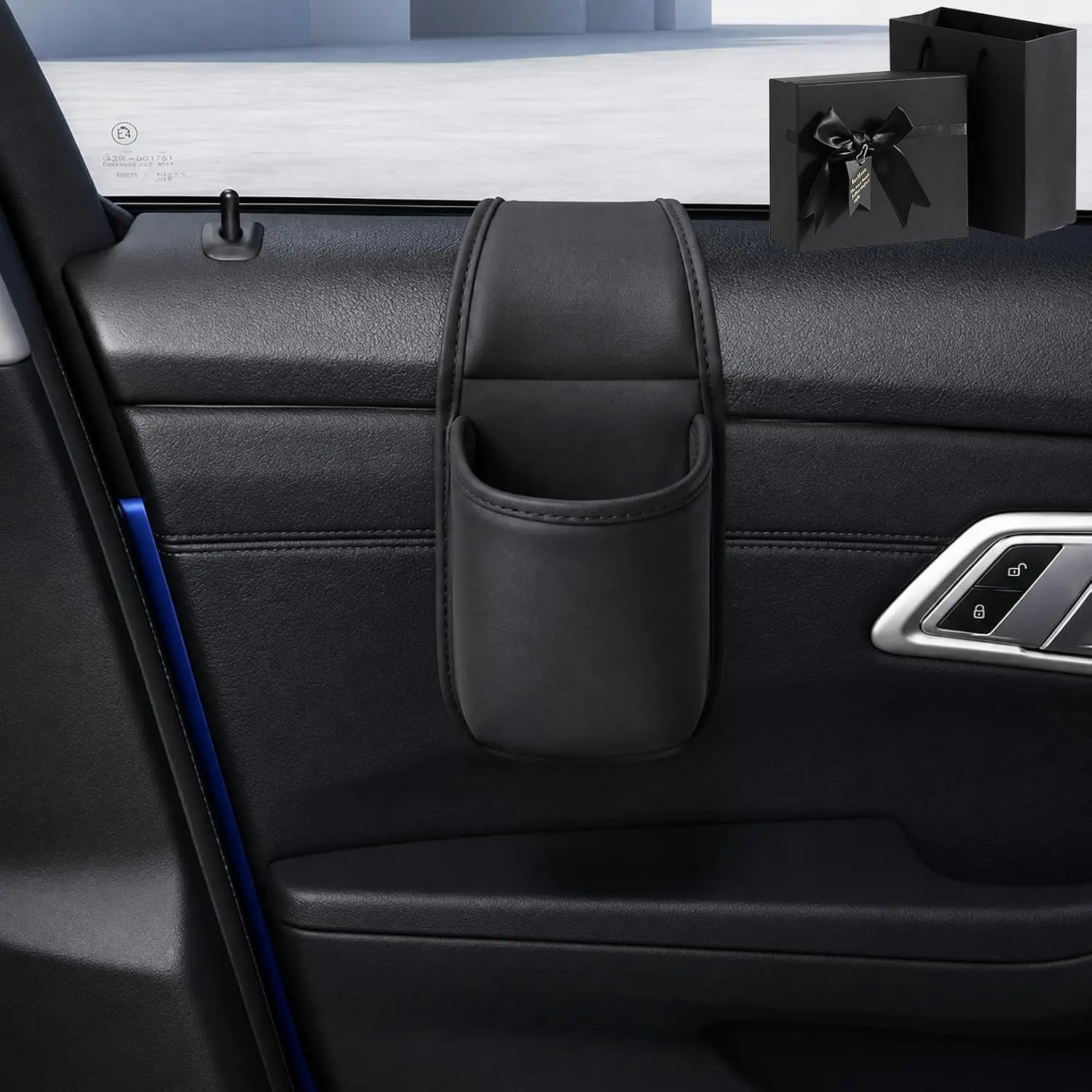 Leather Car Door Cup Holder - Side Adhesive Waterproof Car Window Storage Pocket with Wide-Mouth Opening, Multifunctional for Drinks & Phones, Universal Fit for Most Vehicles