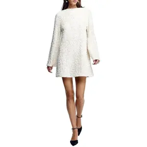 Women Sparkly Sequin Backless Bow Tie Mini Dress Crewneck Long Sleeve Glitter Loose Fit Tunic Party Club Dresses