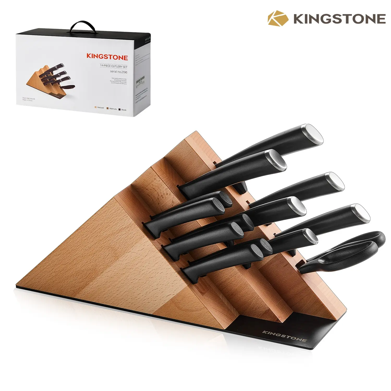 KINGSTONE 14-Piece German Stainless Steel Kitchen Knife Block Set with Storage Block - Dishwasher-Safe Cutting Tools for Household Cooking, Model 2196