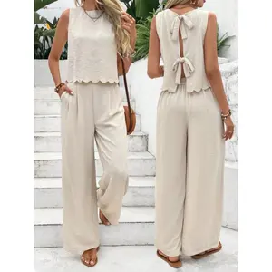 Cao Kun Women's Summer Simple Everyday Old Money Style Linen Tie Two Piece Set with Shell Trimmed Sleeveless Top and Pants, Tie Front Teacher Outfits Clothes Suits Casual Womenswear1