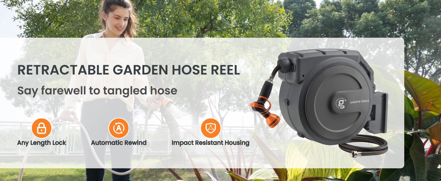 Father's Day Gift | Giraffe Tools 78ft-130ft 330LB Metal Bracket Retractable Garden 5/8in 1/2in Hose Reels for Outside, Wall Mounted Water Hose Reel with 180° Swivel, Any Length Lock, 9 Pattern Hose Nozzle, 2 years warranty, Stock up sale, summervibes