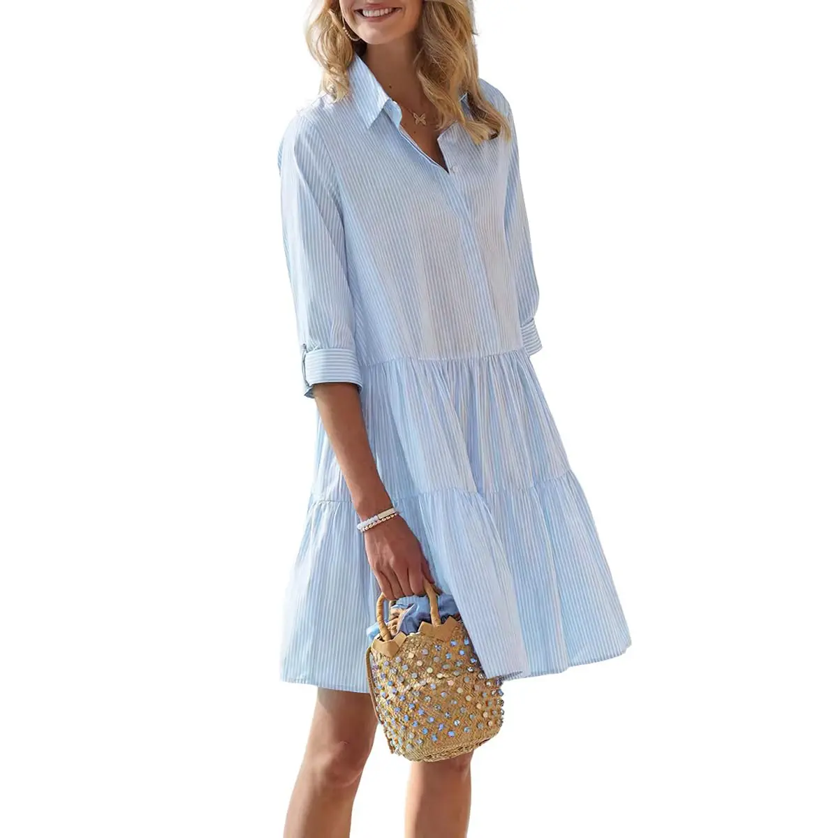 Chouyatou Women's Summer Striped Shirt Dress Half-Button Mini Cake Dress Loose Casual Rolled-Sleeve Design Layered Dress Chouyatou Women's Summer Striped Shirt Dress Half-Button Mini Cake Dress Loose Casual Rolled-Sleeve Design Layered Dress