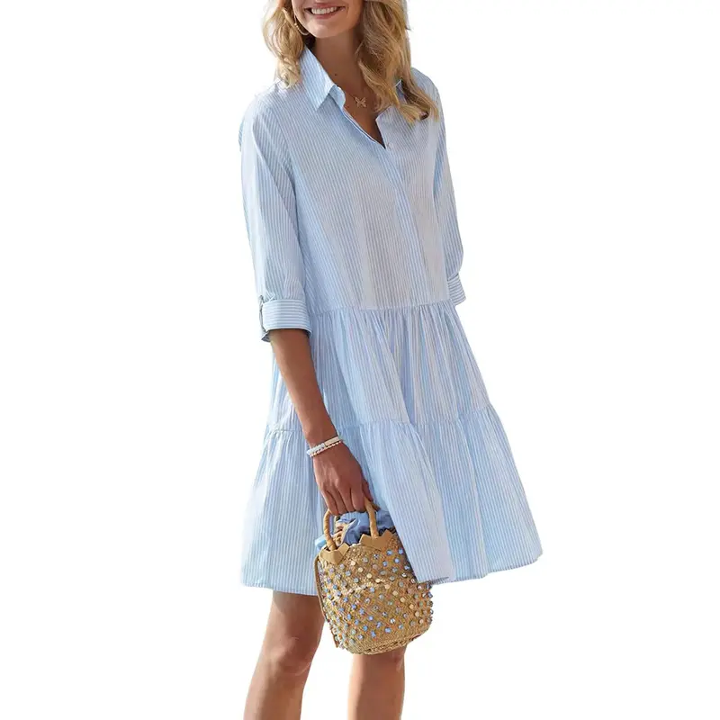 Chouyatou Women's Summer Striped Shirt Dress Half-Button Mini Cake Dress Loose Casual Rolled-Sleeve Design Layered Dress