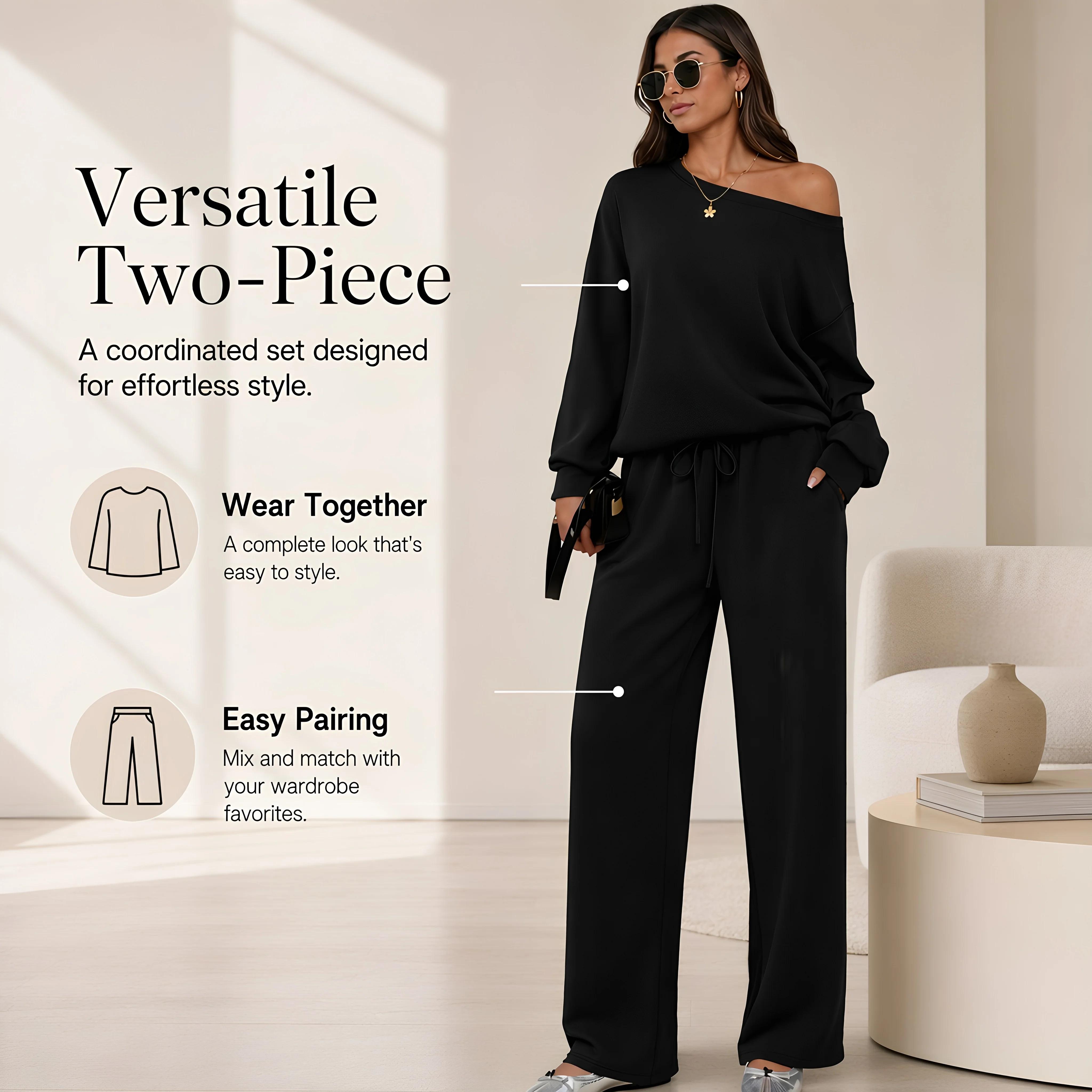 2026 Autumn Women's Leisure Solid Color Sloping Shoulder Long Sleeve Top & Wide Leg Trousers Co-ord Set & Separates, Minimalist Scoop Neck Loose Outfits, Casual Womenswear, Silky, Classy, Soft, Style, Spandex, viscose, Loose Fit, Women 2 Piece Sets, Plain