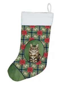 Carolines Treasures FNT1303CS 18 x 13.5 in. MaineCoon Brown Tabby Cat with Poinsettias Holiday Stocking