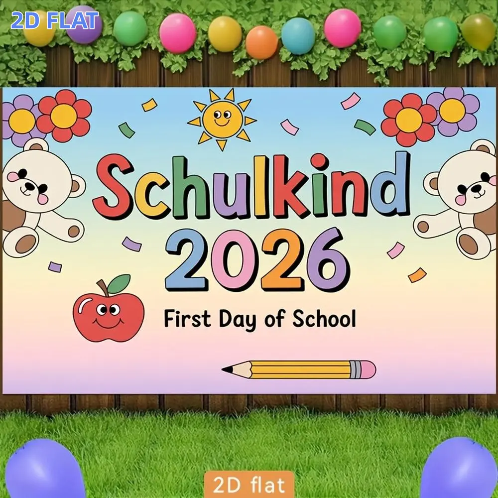 2D Flat Banner 1pc, Party Banners Schoolchild 2026 First Day of School Teddy Bears Kids Polyester Backdrop Event Decoration Home Room Courtyard Farm Garden Photography Live Streaming Wedding Club Gift Festive