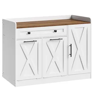 HOOBRO Double Tilt Out Laundry Hamper Cabinet, 24 Gallon Hidden Laundry Cabinet with Drawer & 2 Baskets, Farmhouse Trash Can Cabinet with Storage for Bathroom, Kitchen, White and Walnut