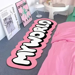 Pink bedroom decoration, irregular plush carpet, trendy and personalized living room carpet, MY WORLD letter bedside strip carpet, modern minimalist lounge cloakroom carpet, sweet and cool style sofa coffee table, thickened non-slip floor mat