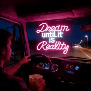"Dream UNTIL IT IS Reality" Neon sign, USB powered dimmable pink LED light, suitable for home wall decoration,gymnasium， home desktop decoration, store, game room, home, bedroom, dormitory, bar, office, club