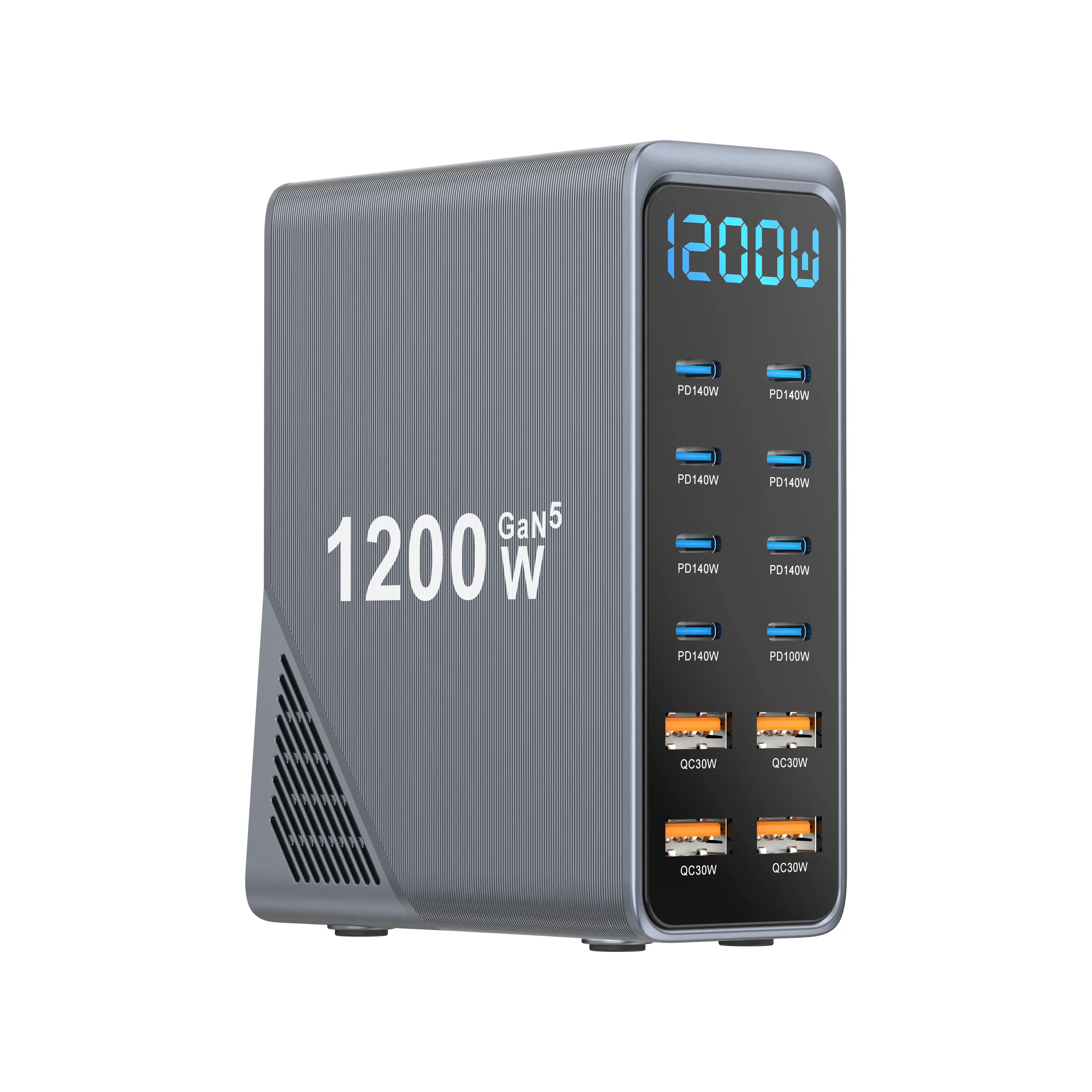 1200W Gallium Nitride Multi-Port Desktop Fast Charging Station, 12 USB Ports, High-Power PD Charger with Digital Display for Simultaneous Multi-Device Charging