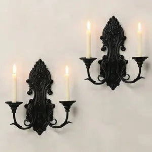 Black Metal Candle Holder Gothic Wall Decor Style Candle Sconces Set of 2, for Taper & Pillar Candle(not Contain Candles)