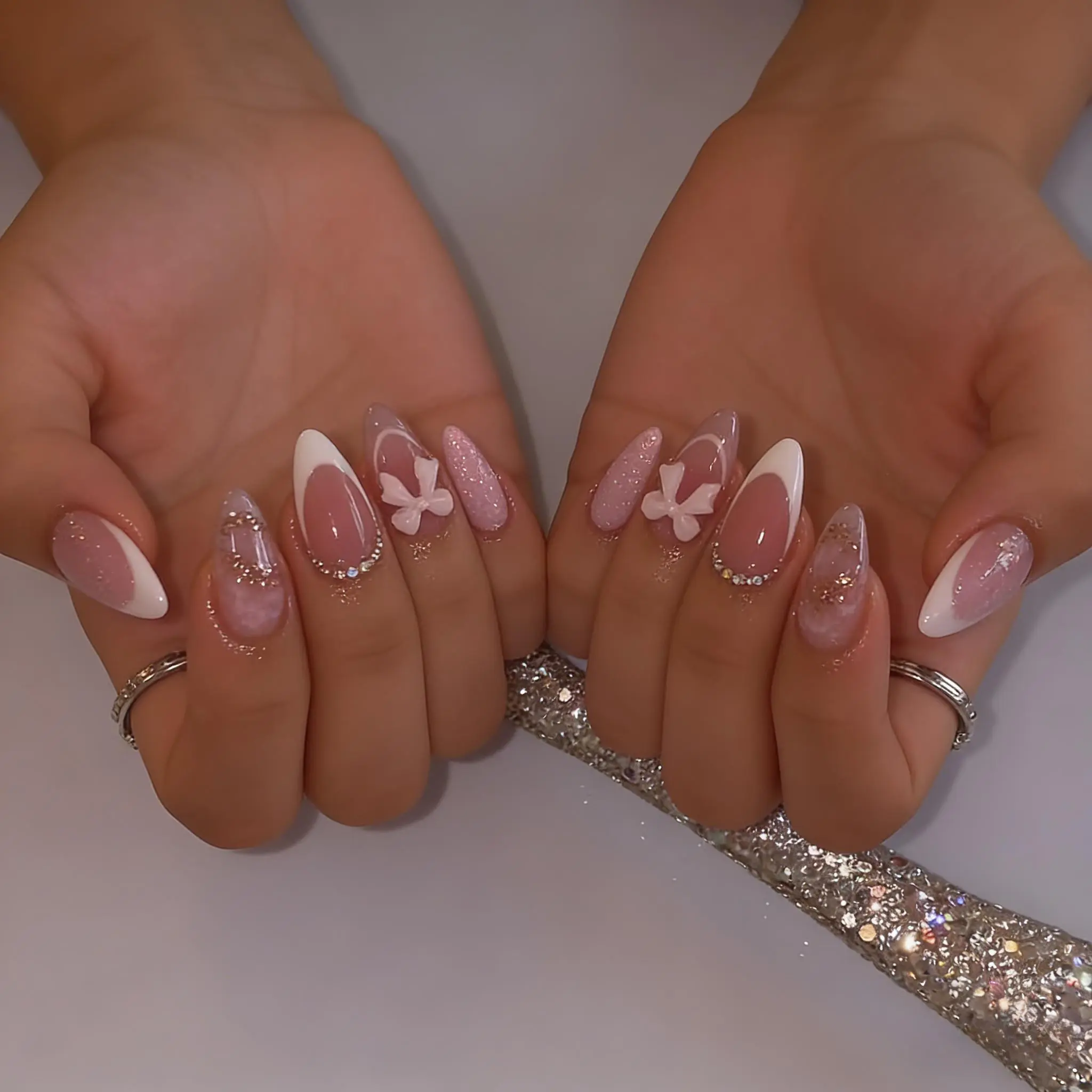 Almond French Tip Press On Nails Medium with 3D Bow Diamond Glitter Reusable False Nails for Women Perfect Valentine's Gift