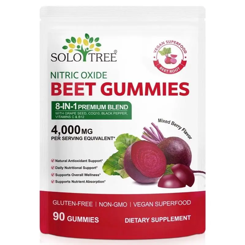 8-in-1 Beet Root Chewable Gummies with 20:1 Concentrate, 90 Pieces Mixed Berry Flavor, CoQ10, Vitamins C & B12, Grape Seed, Black Pepper, Non-GMO, Gluten-Free, Wellness Support Supplement