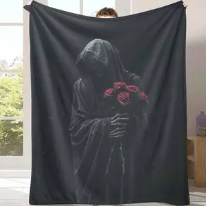 Gothic Skull and Red Rose Flannel Blanket Dark Aesthetic Grim Reaper Print Soft Warm Cozy Lightweight Plush Throw Ideal for Bedroom Decor Halloween Party Atmosphere Lounge Sofa Horror Movie Night Gift for Friends