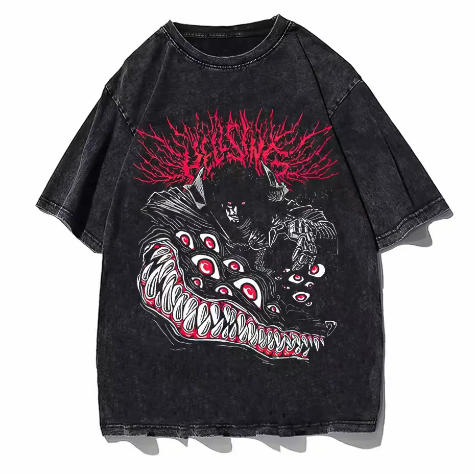 Vintage Hellsing Anime Retro Graphic Tee, Dark Fantasy Heavyweight Washed Oversized Cotton Short Sleeve Streetwear T-Shirt