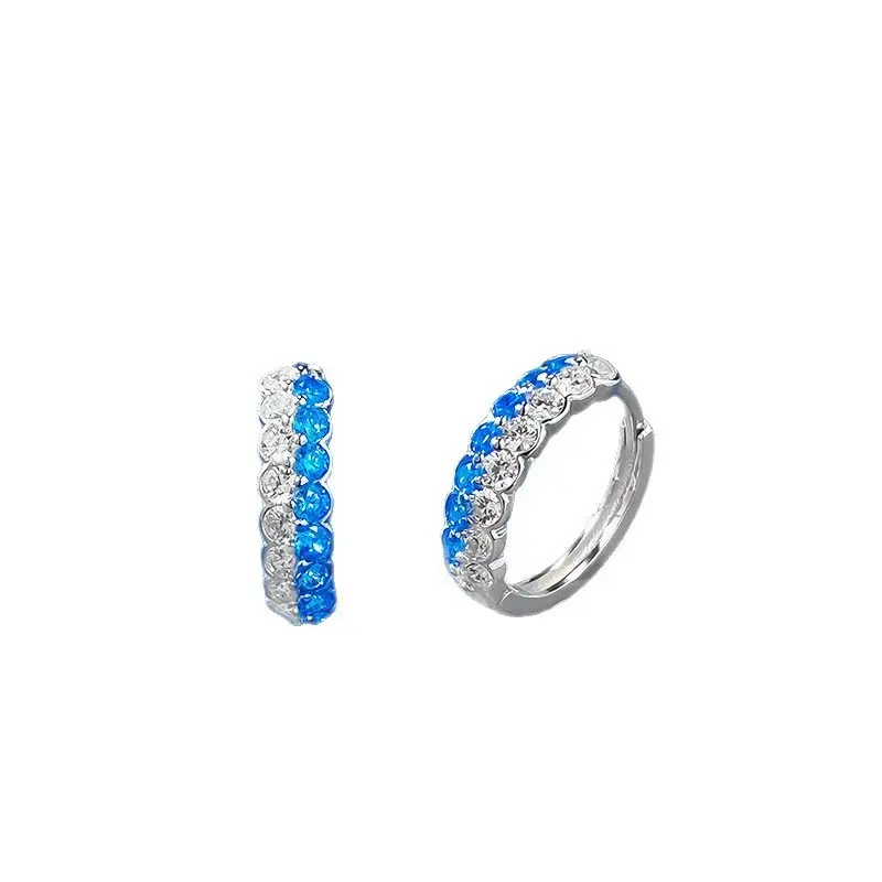 【1035】Two-tone Ocean Blue & Clear Cubic Zirconia Huggie Hoop Earrings S925 Sterling Silver Elegant Daily Party Earrings Fashion Jewelry Gift For Women
