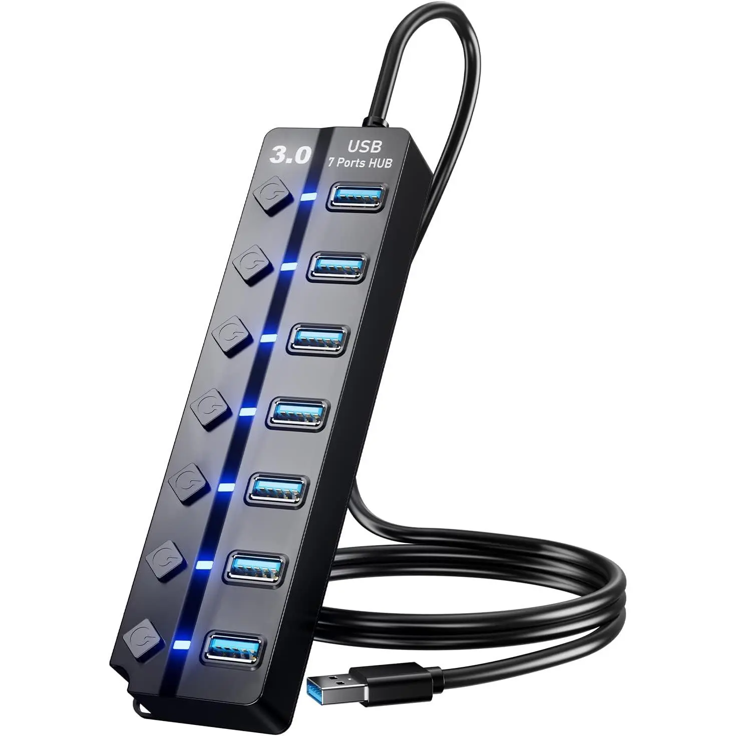 7-Port USB 3.0 Compact & Portable Multi-Port Adapter Hub with 3ft Cable - 5Gbps Data Transfer, Backward Compatible Splitter, Individual LED Switches, USB Extension, PC Accessory for Students, Laptops, PS4/5, Flash Drives, Mobile HDDs, Surface Pro, Multi-P